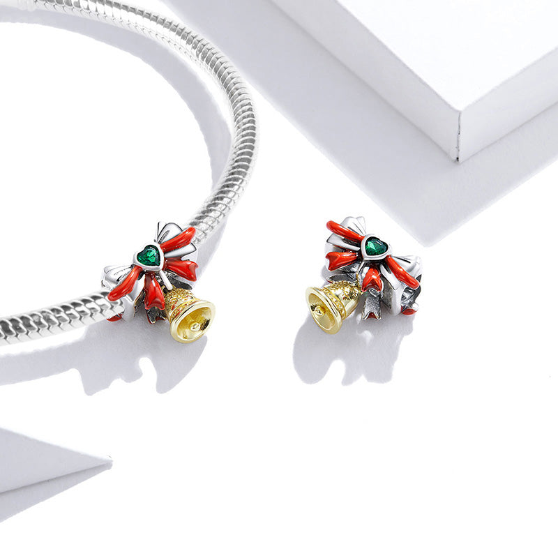 Christmas Bell Pendant Dangle Charm 925 Sterling Silver 18K Gold Plated Inlaid with Heart Shaped Zircon Stone_2