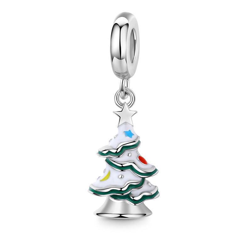 Christmas Tree with Snow and Colored Starmoon & Balls Pendant Dangle Charm 925 Sterling Silver_1
