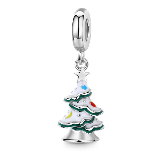 Christmas Tree with Snow and Colored Starmoon & Balls Pendant Dangle Charm 925 Sterling Silver_1