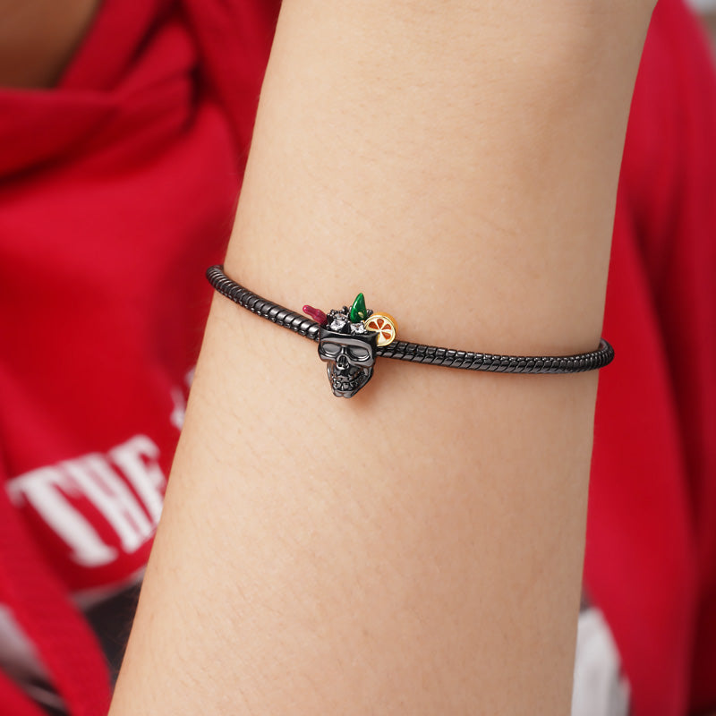 Cocktail Drinking Skull Charm Bead 925 Sterling Silver Plated with Black_3