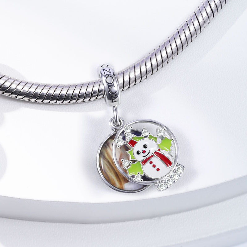 Snowman Personalized Photo Engravable Charm Pendant 925 Sterling Silver Inlaid with Crystal CZ Stones_2