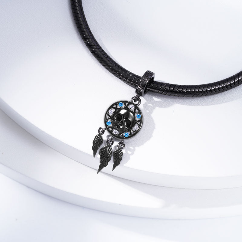 Skull Dreamcatcher Pendant Dangle Charm 925 Sterling Silver Black Plated Inlaid with CZ Stones_3