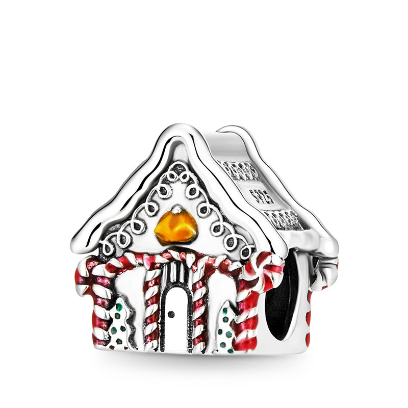 Christmas House Charm Bead 925 Sterling Silver with Candy Cane Element_1