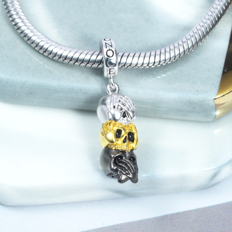 See No Hear No Speak No Wise Skulls Pendant Dangle Charm 925 Sterling Silver Three Tones_2