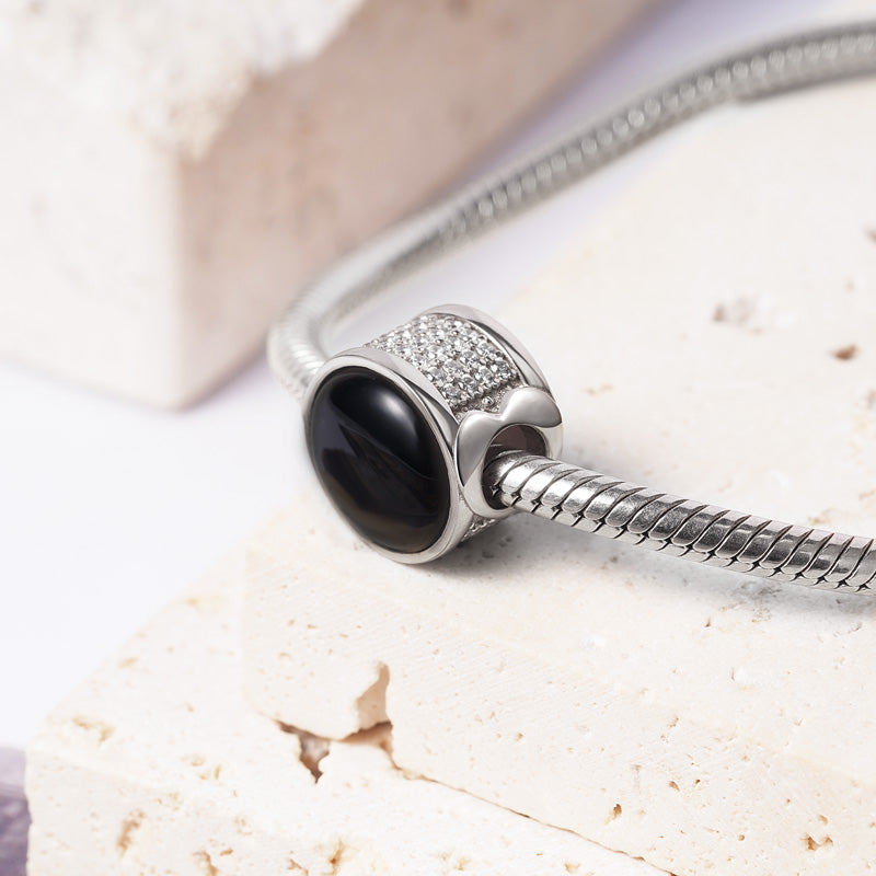 Black Natural Agate Charm Bead 925 Sterling Silver Side Pave Crystal Gemstones_2