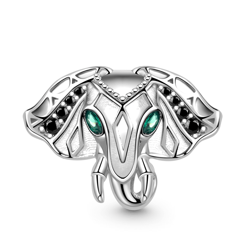 Elephant Charm Bead 925 Sterling Silver Inlaid with Black Stones and Green Zircon Eyes_1