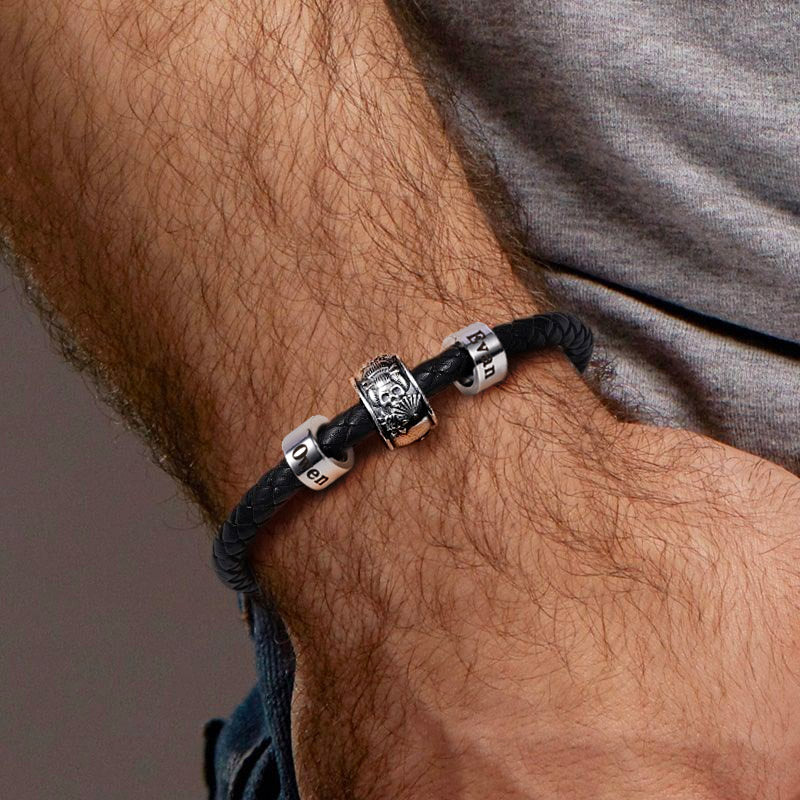 Geisha Skull Vintage Bead & Customized Classic Beads S925 Sterling Silver with Gift Copper Black Leather Men's Bracelet Jewelry for Men_3