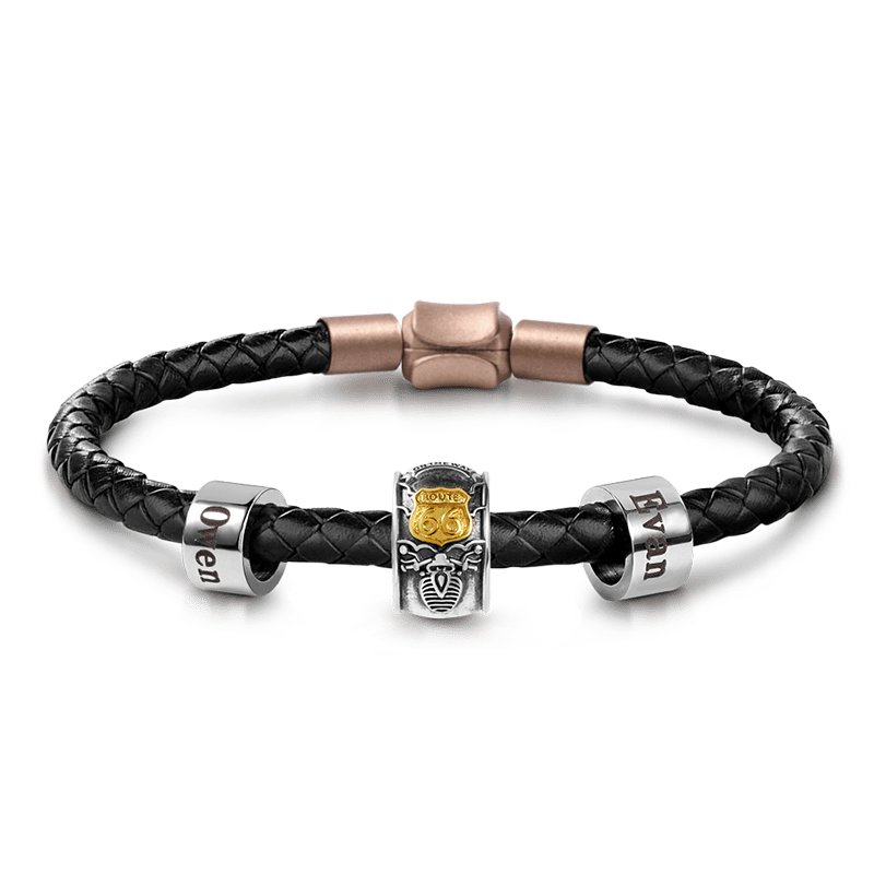 Route 66 Vintage Bead & Customized Classic Beads S925 Sterling Silver with Gift Copper Black Leather Men's Bracelet Jewelry for Men_1