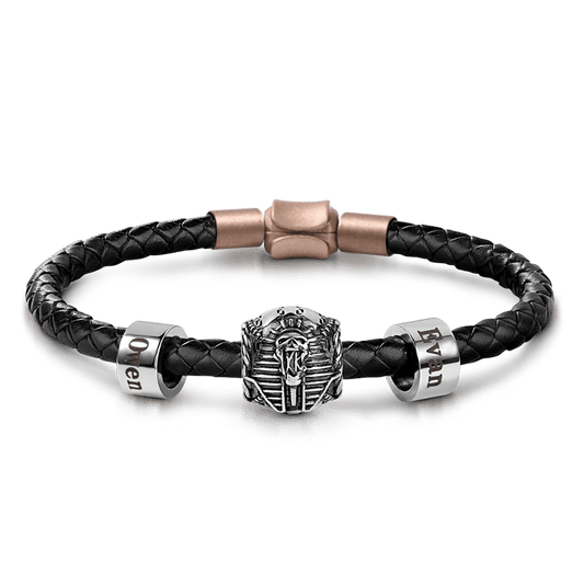 Egyptian Pharaoh Skull Vintage Bead & Customized Classic Beads S925 Sterling Silver with Gift Copper Black Leather Men's Bracelet Jewelry for Men_1