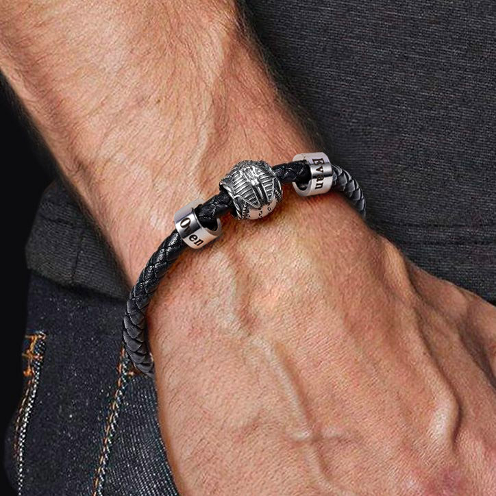 Egyptian Pharaoh Skull Vintage Bead & Customized Classic Beads S925 Sterling Silver with Gift Copper Black Leather Men's Bracelet Jewelry for Men_3
