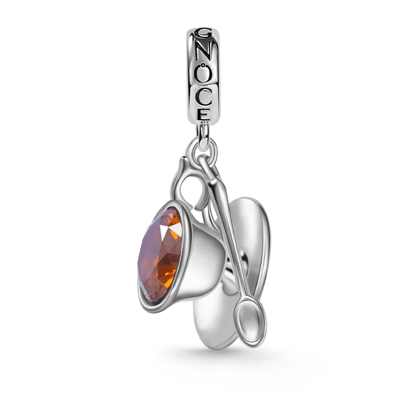 Tea Cup and Saucer Set Pendant Dangle Charm 925 Sterling Silver Inlaid with Brown CZ Stone_1