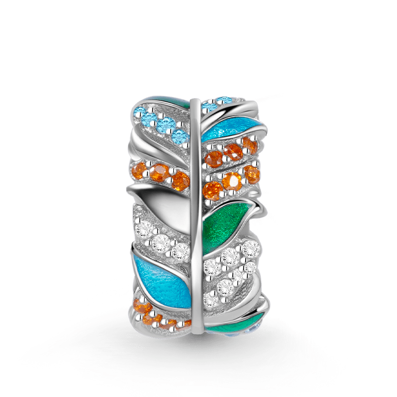 Colorful Feathers Charm Bead 925 Sterling Silver Inlaid with CZ Stones_1