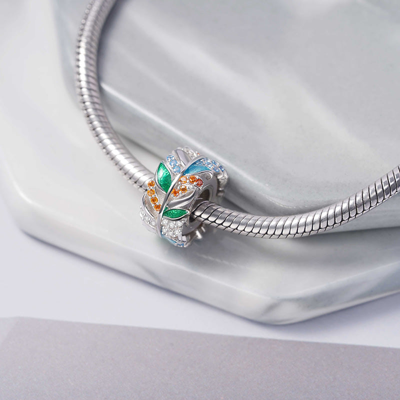 Colorful Feathers Charm Bead 925 Sterling Silver Inlaid with CZ Stones_2