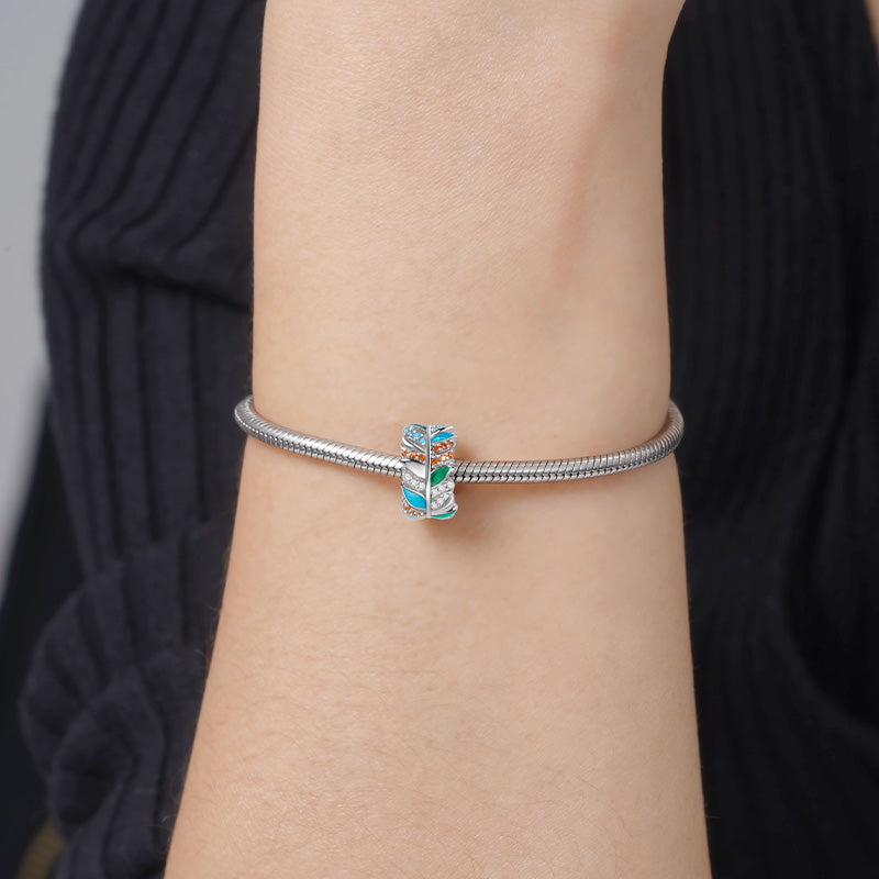 Colorful Feathers Charm Bead 925 Sterling Silver Inlaid with CZ Stones_3