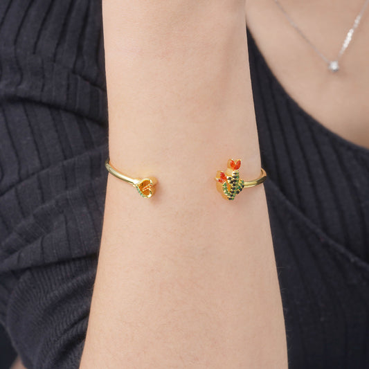 Blooming Cactus Bangle Bracelet 18K Gold Plated Inlaid with Colorful Gemstones_3
