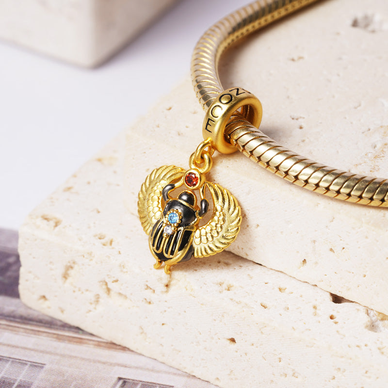 Amulet Scarab Pendant Dangle Charm 925 Sterling Silver 18K Gold Plated Inlaid with Shiny Zircon Stones_2