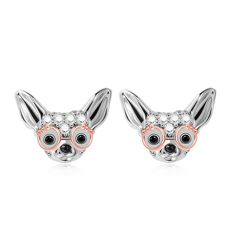 Chihuahua with Glasses Stud Earrings 925 Sterling Silver Inlaid with Clear Zircon Gemstones_1
