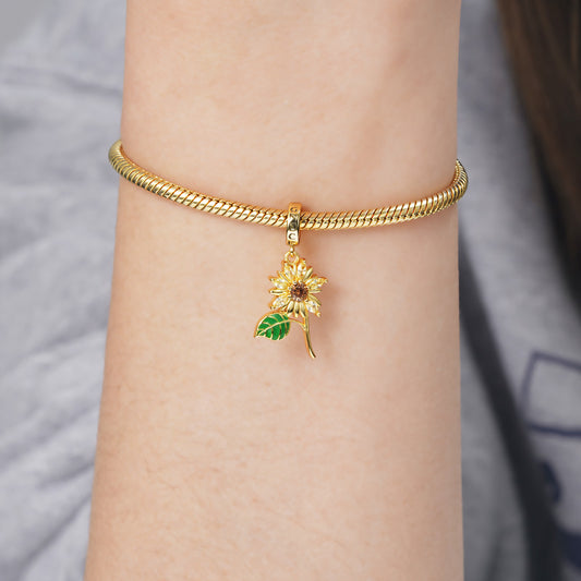 Sunflower Pendant Dangle Charm 925 Sterling Silver 18K Gold Plated Green Enamel Leaf CZ Stone Inlay_3