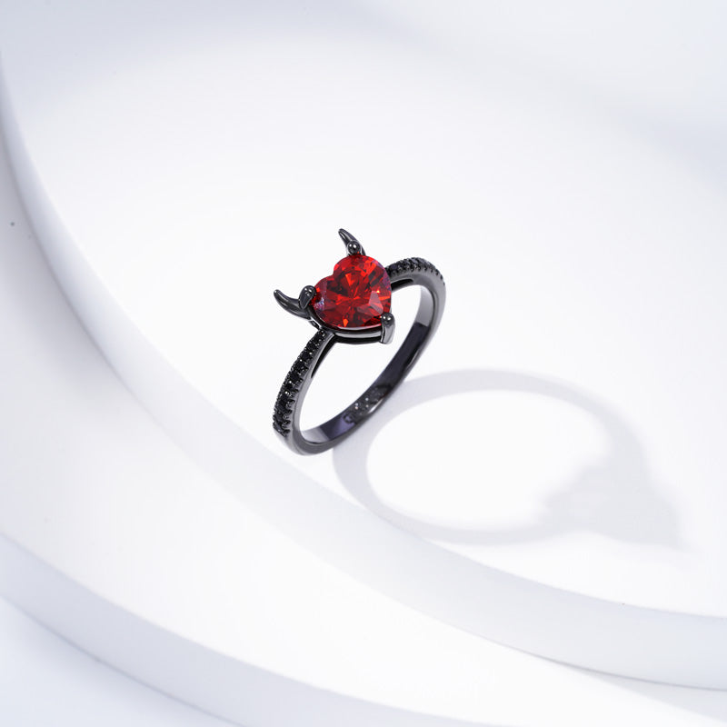 Devil with a Kind Heart Ring 925 Sterling Silver Black Plated Inlaid with Red Heart CZ Stone and Black Zircon Stones_2