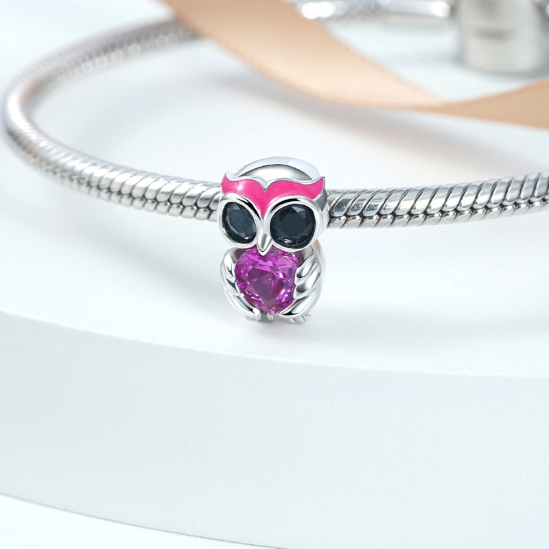 Cute Owl Embraces Heart Gemstone Charm Bead Sterling Silver_2