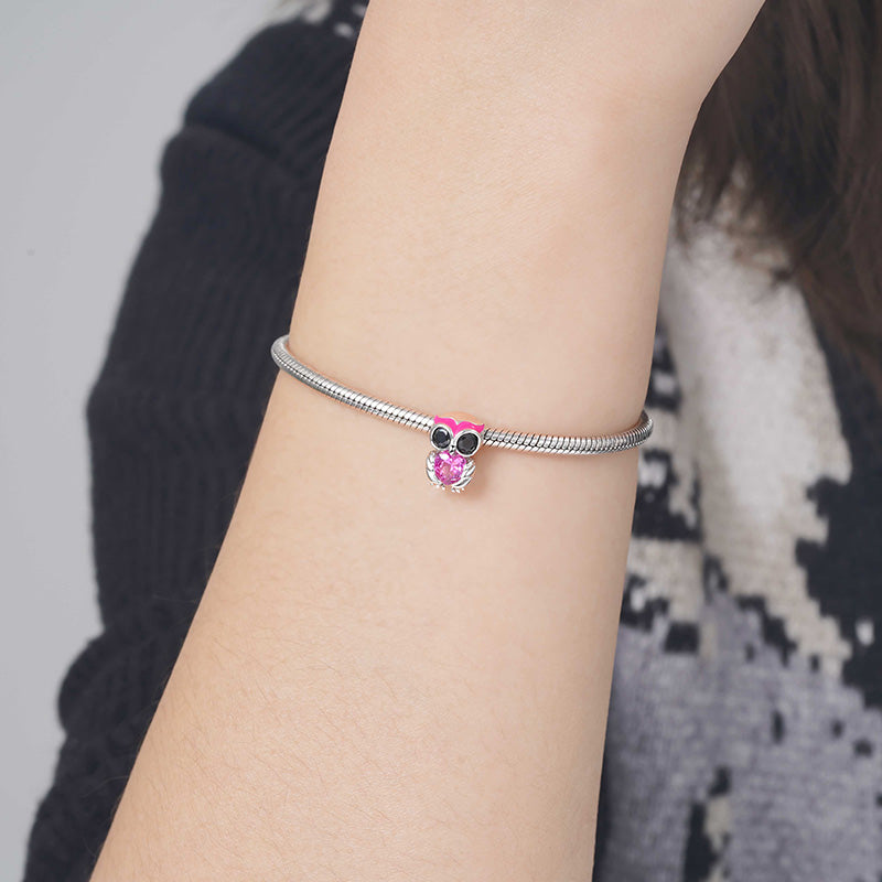 Cute Owl Embraces Heart Gemstone Charm Bead Sterling Silver_3