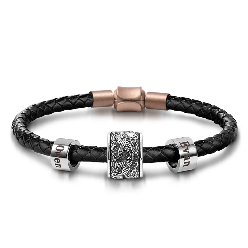 Lucky Koi Fish Vintage Bead & Customized Classic Beads S925 Sterling Silver with Gift Copper Black Leather Men's Bracelet Jewelry for Men_1