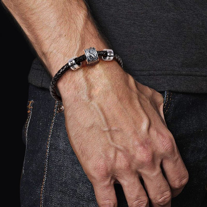 Lucky Koi Fish Vintage Bead & Customized Classic Beads S925 Sterling Silver with Gift Copper Black Leather Men's Bracelet Jewelry for Men_3