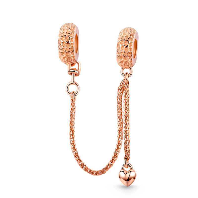 Lunar Surface Texture Safety Chain with Heart Dangle 925 Sterling Silver 18K Rose Gold Plated_1