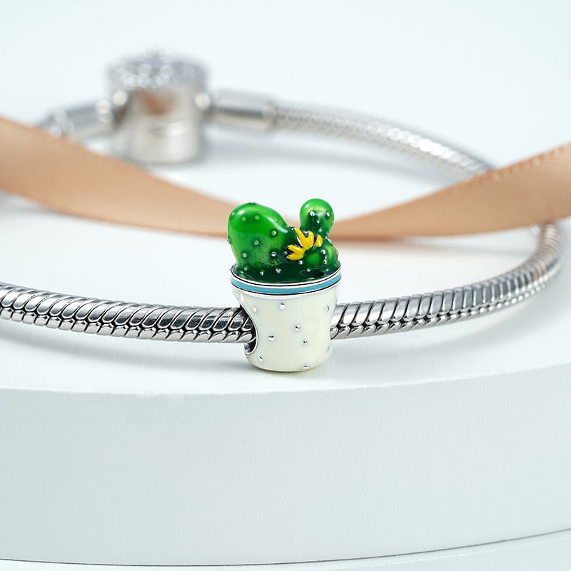 Cactus Charm Bead 925 Sterling Silver with Green and White Enamels_2