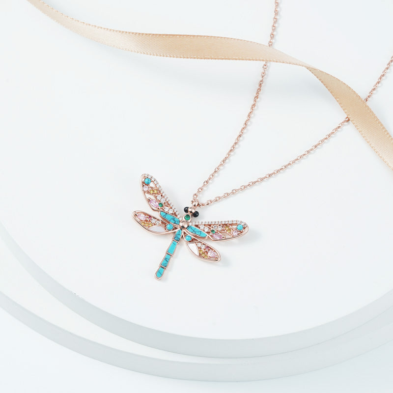 Turquoise Dragonfly Necklace 925 Sterling Silver Rose Gold Plated Inlaid with Colorful CZ Stones_3