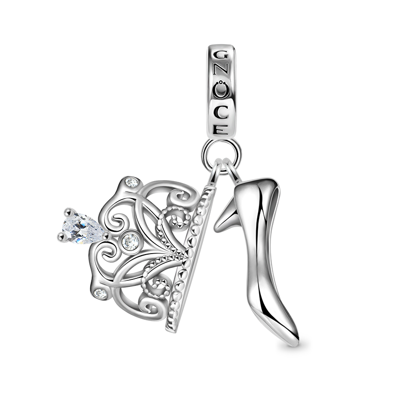 Elegant Crown Heels Pendant Dangle Charm 925 Sterling Silver With Clear Crystal Gemstones_1
