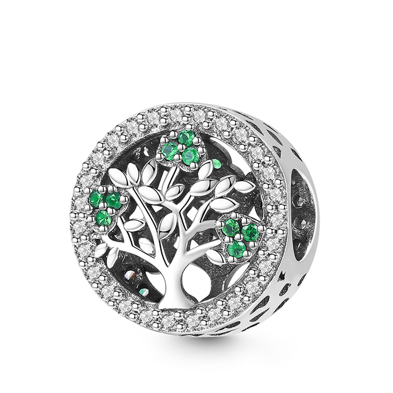 Tree of Life Charm Bead 925 Sterling Silver Inlaid with Green and Clear Gemstones_1