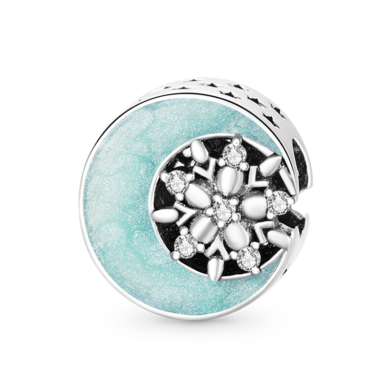 Snow Moon Night Charm Bead 925 Sterling Silver Inlaid with Clear Gemstones_1