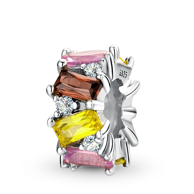 Baguette-Cut Stopper for Charm Bracelets 925 Sterling Silver Inlaid with Colorful Stones_1