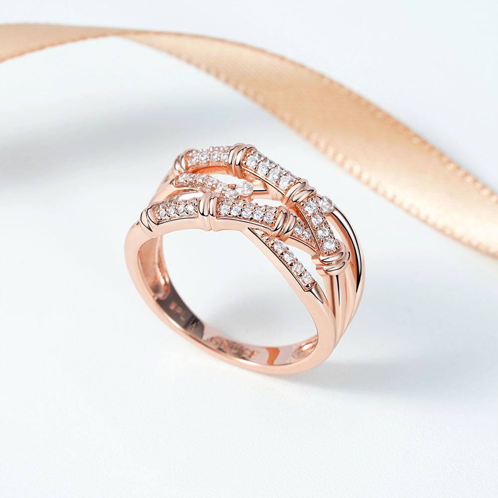 Bamboo Intertwined Band Ring 925 Sterling Silver 18K Rose Gold Plated Inlaid with Clear Gemstones_2