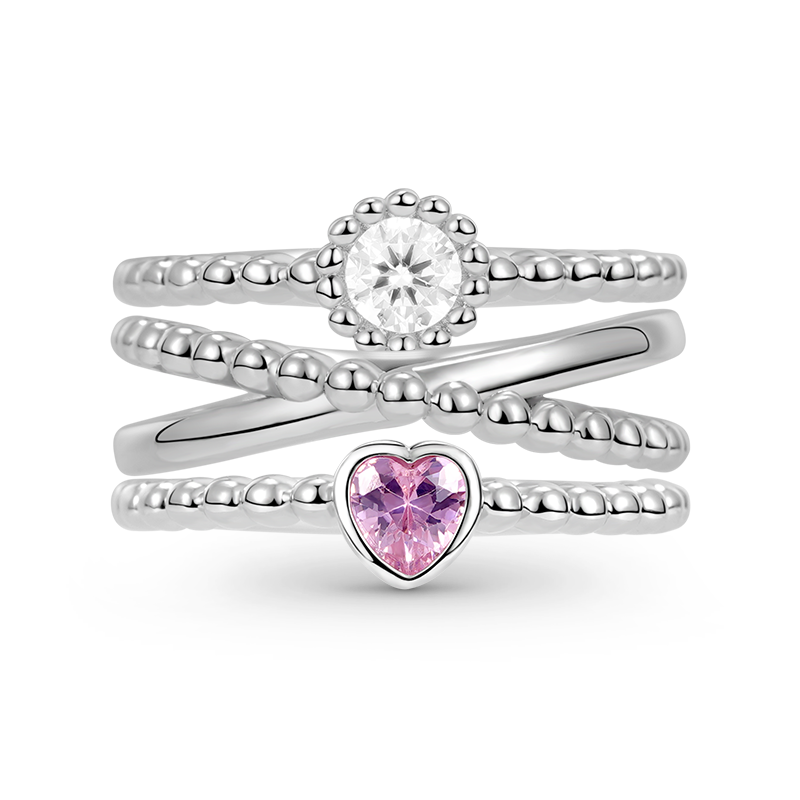 Beaded Stackable Ring Set 925 Sterling Silver Inlaid with Heart-cut Pink & Clear Round-cut CZ Stones_1