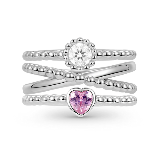Beaded Stackable Ring Set 925 Sterling Silver Inlaid with Heart-cut Pink & Clear Round-cut CZ Stones_1