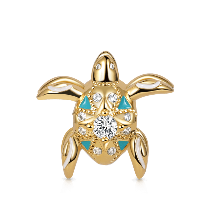 Double-sided Turtle Charm Bead 925 Sterling Silver 18K Gold Plated with Blue Enamels & Colorful CZ Stones_1
