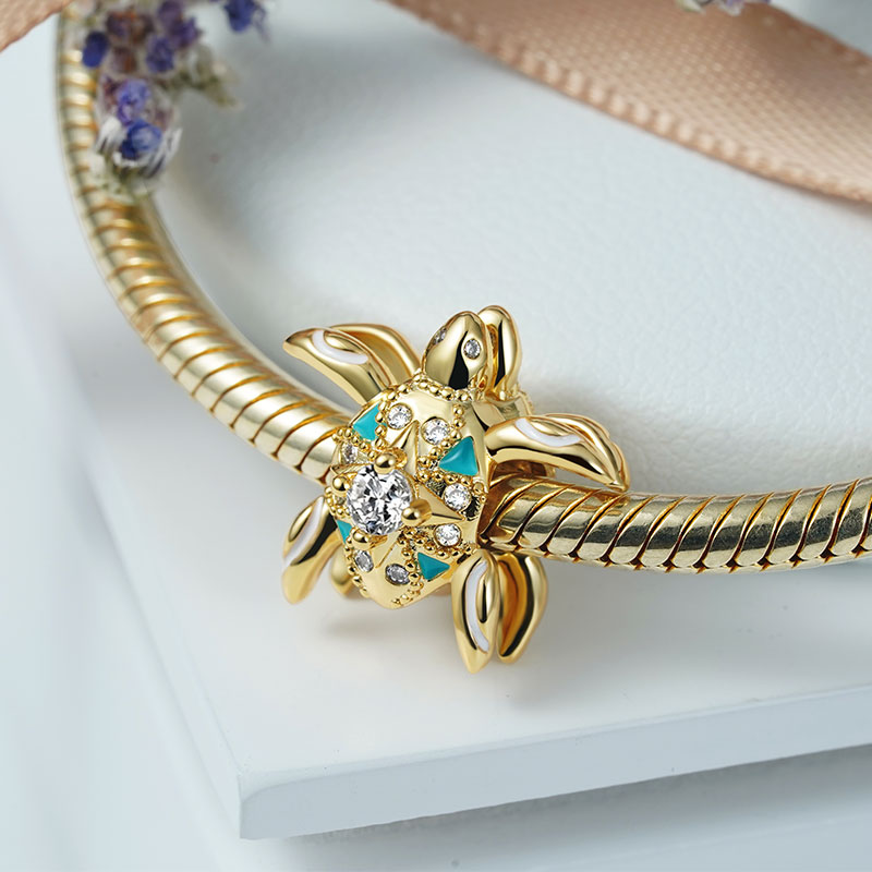 Double-sided Turtle Charm Bead 925 Sterling Silver 18K Gold Plated with Blue Enamels & Colorful CZ Stones_2