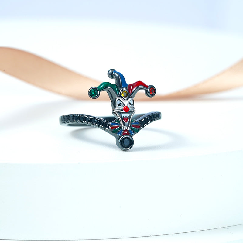 Playful Clown V-Ring Ring 925 Sterling Silver Black Plated with Colorful Enamels & CZ Stones_2