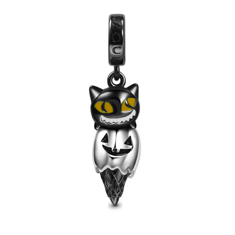 Black Cat & Pumpkin Monster Cone Pendant Dangle Charm 925 Sterling Silver Black Plated_1