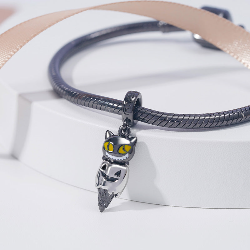 Black Cat & Pumpkin Monster Cone Pendant Dangle Charm 925 Sterling Silver Black Plated_2