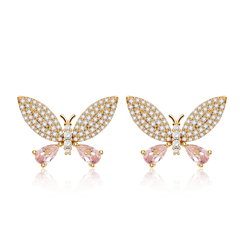 Butterfly Stud Earrings 925 Sterling Silver 18k Gold Plated Inlaid with Pink Gemstones_1