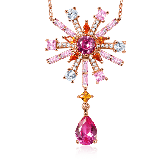 Bead Flowers & Pear-cut Necklace Copper 18K Rose Gold Plated Inlaid with Colorful Gemstones_1