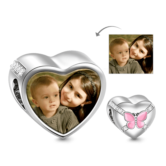 Gnoce "Forever Love" Heart Shaped Pink Butterfly Photo Bead Charm_1