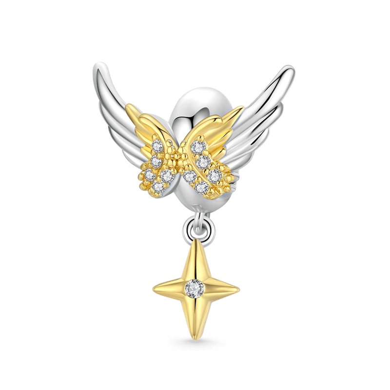 Shiny Angel Wings Stopper for Charm Bracelets 925 Sterling Silver 18K Gold Plated Inliad with Clear Gemstones_1