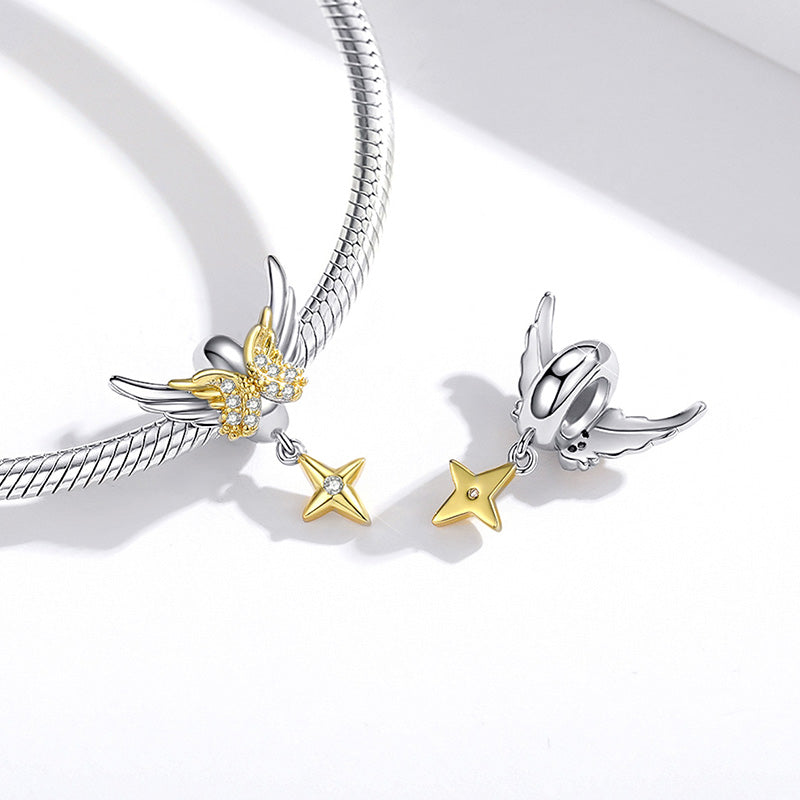 Shiny Angel Wings Stopper for Charm Bracelets 925 Sterling Silver 18K Gold Plated Inliad with Clear Gemstones_2