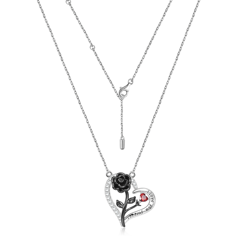Black Rose Heart Necklace 925 Sterling Silver with "I Love You Forever" Engravings and Clear Gemstones_2