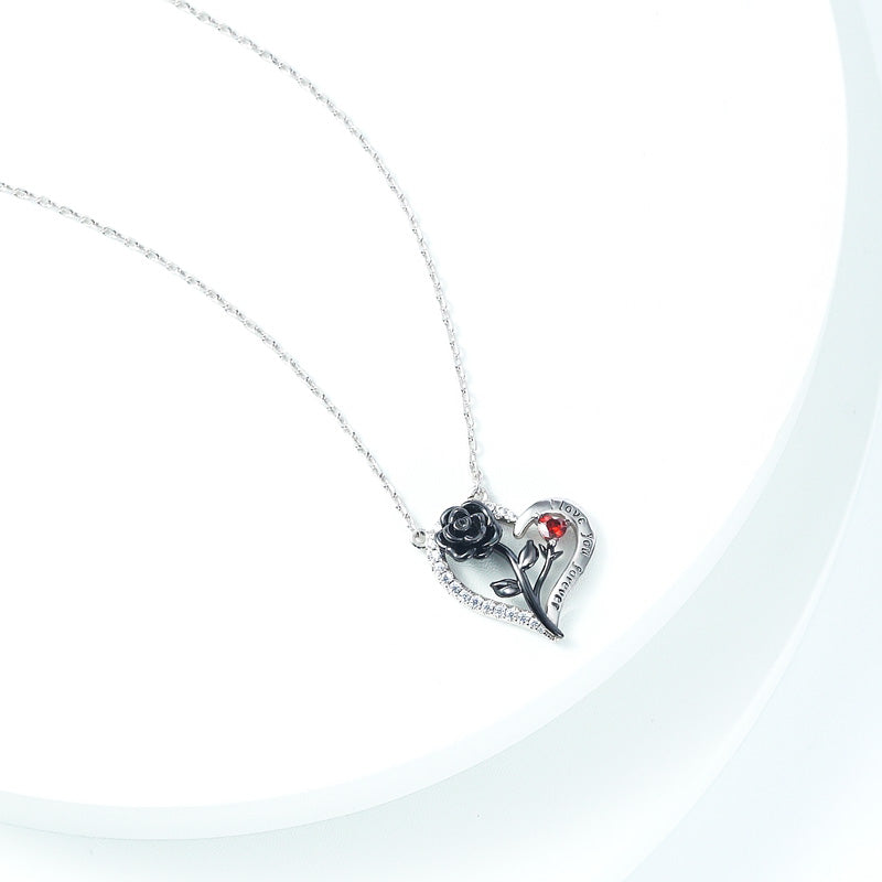 Black Rose Heart Necklace 925 Sterling Silver with "I Love You Forever" Engravings and Clear Gemstones_3