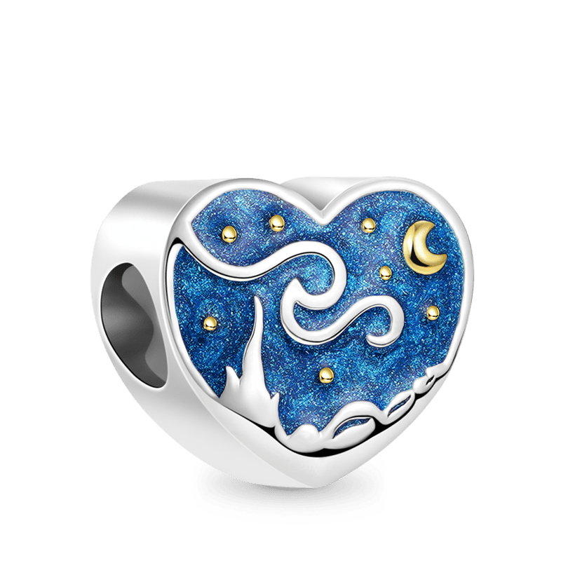 Starry Night Heart Charm Bead 925 Sterling Silver 18K Gold Plated with Enamels Double-sided Pattern_1